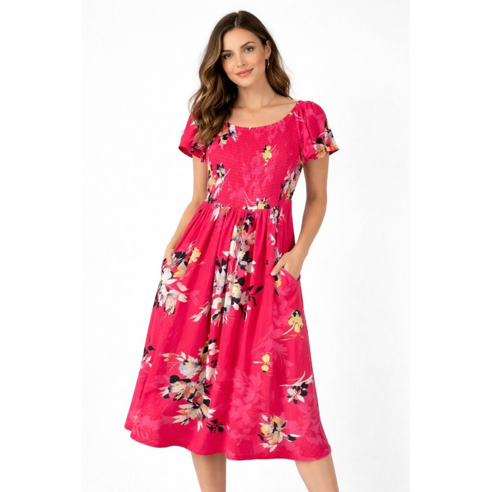 Floral Smocked Midi Dress Pockets Rayon Spandex Size 1 summer vacation - Picture 14 of 14